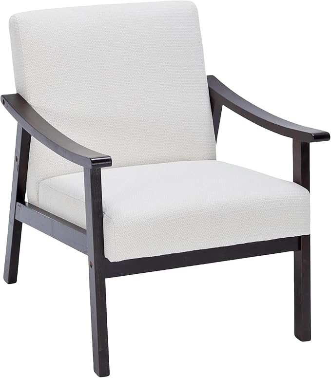 Mid-Century Accent Chair Upholstered Fabric Living Room Chair with Solid Wood Frame Modern Small Side Arm Chairs Comfy Wingback Reading Chair for Bedroom Office (Ancient White)