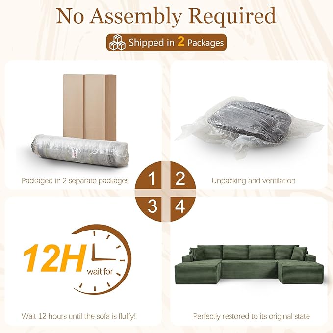 134 Inch Modular Sectional Sleeper Sofa Boneless Cloud Couch for Living Room U Shaped 5 Seat Sofa with 2 Storage Pockets&amp 2 Cup Holders Free Combination No Assembly Required (Green)