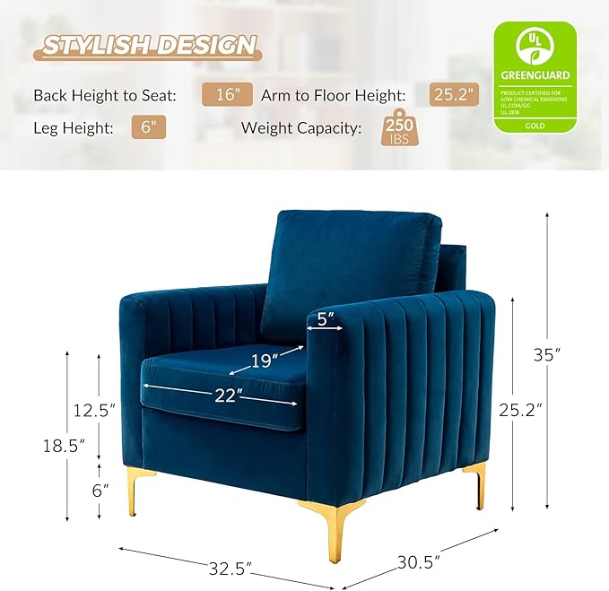 HULALA HOME Velvet Accent Club Chair Modern Velvet Armchair Upholstered Accent Club Sofa Chair with Gold Metal Legs Mid-Century Barrel Leisure Comfy Reading Armchair Navy