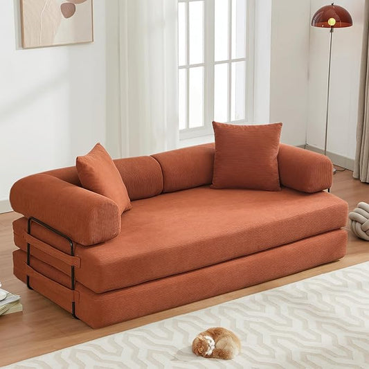 Convertible Folding Sofa Bed Modular Floor Sofa with Removable Backrest 3-Seater Fold Out Couch Bed with Pillows King Size Futon Lazy Couch Corduroy Sleeper for Living Room Dorm Orange