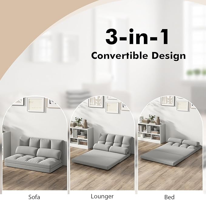 Giantex Floor Sofa Bed with 2 Pillows Convertible Sofa Couch w/ 6 Positions Adjustable Backrest Velvet Cover Folding Lazy Sleeper Sofa for Living Room Bedroom Guest Room (Light Grey)