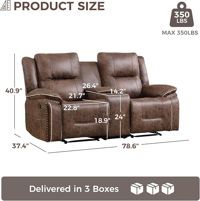 CANMOV Manual Recliner Chair Set Faux Leather Recliner Living Room Furniture Sets 2 Seater Reclining Sofa Chair with Hidden Storage and Cup Holders and Storage Pockets Brown