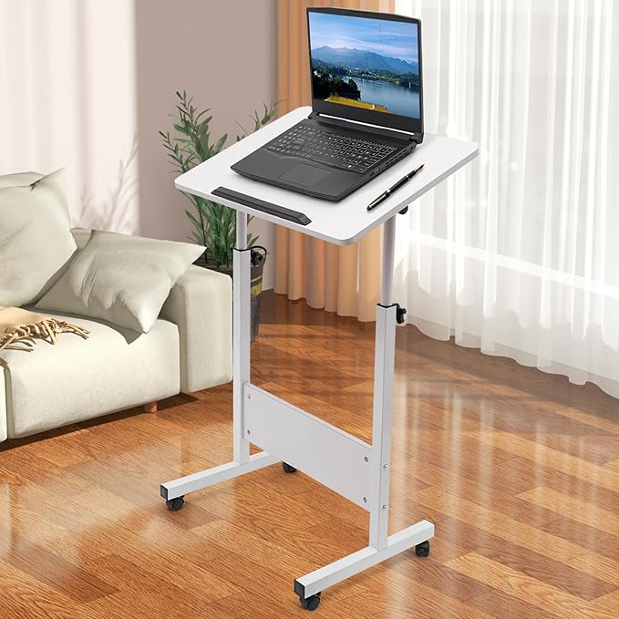Small Standing Desk with Wheels Adjustable Height Laptop Rolling Stand Up Table Portable Mobile Book Stopper Workstation Desk for Home Office (16×24 - White)