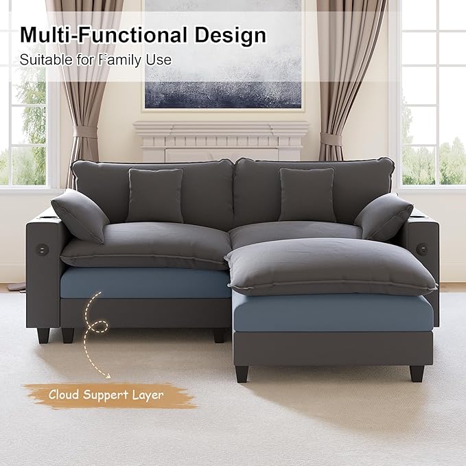 80.7 Modular Sectional Couch L Shaped Cloud Sofa with Movable Ottoman Chenille Deep Seat Cloud Couch with Charging Station Cup Holder Side Pocket Sectional Couches for Living Room Grey
