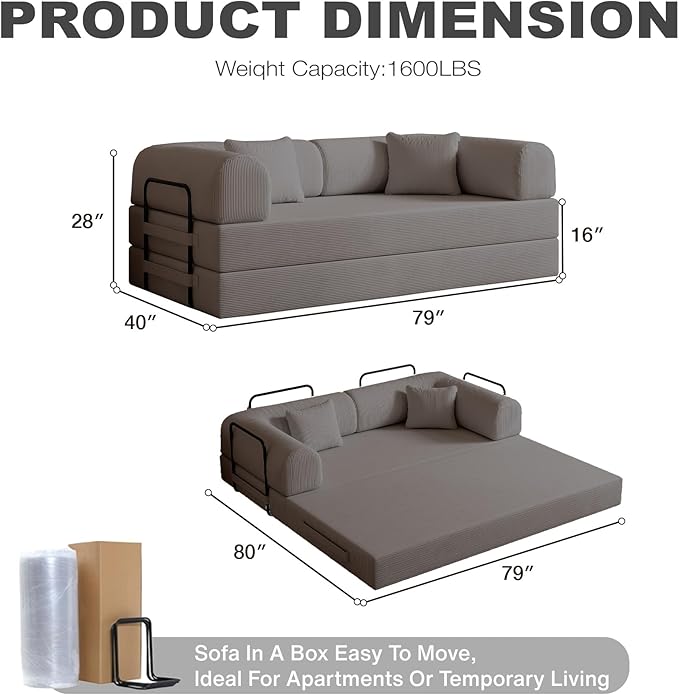 79'' Folding Sofa Bed 5-in-1 Convertible Sofa Bed Boneless Comfy Foldable Foam Couch with Pillow Modular Floor Couch for Living RoomBedroomLounge - Corduroy Grey