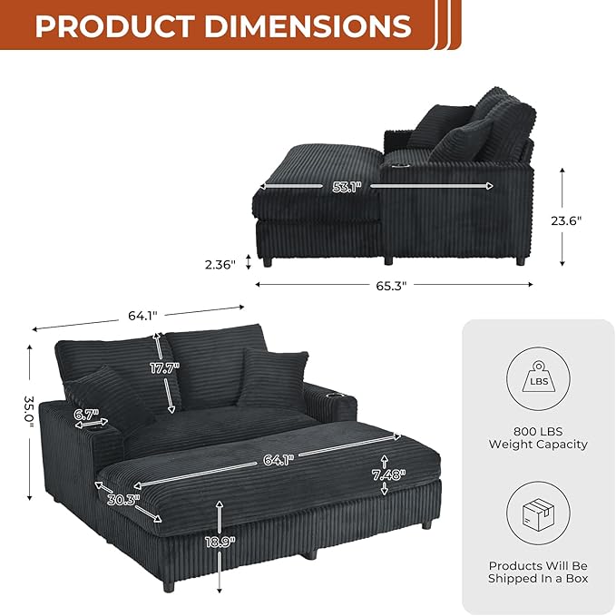 65 Oversized Chaise Lounge Chair Indoor Upholstered Sofa Bed with Pillows &amp 2 Cup Holders Sleeper Couch Comfy Corduroy Recliner Chair for Living Room Movie Room Bedroom Black