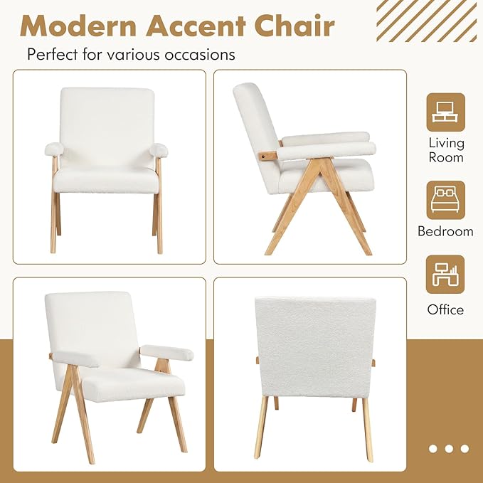 Giantex Mid-Century Modern Accent Chair Sherpa Fabric Reading Chair with Padded Armrests Solid Rubber Wood Frame Upholstered Side Arm Chair for Living Room Bedroom Office Beige