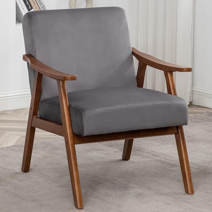 Mid Century Modern Accent Chair Upholstered Armchair Comfy with Wood Legs Siting Chair with Soft Cushion PU Leather Side Chairs for Living Room Bedroom Office (Velvet Grey)