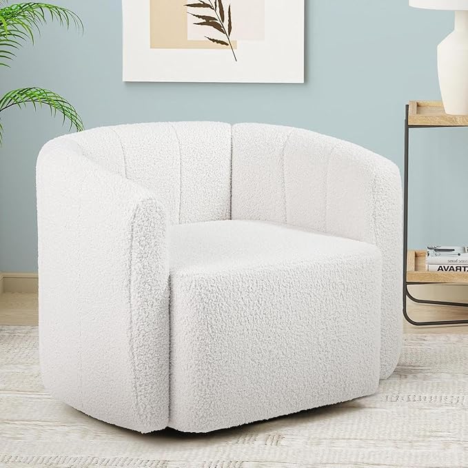 Giantex 360° Swivel Accent Chair - Sherpa Upholstered Boucle Barrel Club Chair with Padded Armrests Modern Round Arm Chair for Reading Living Room Bedroom Office White Teddy