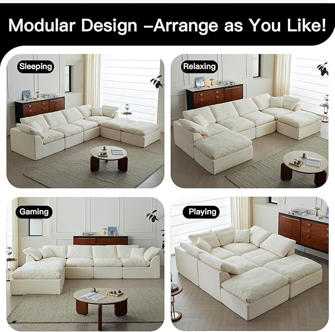 138 Cloud Sectional Couches for Living Room Convertible U-Shape Boneless Couch with Ottoman 6-Seater Compressed Sofa Modular Sectional Sofa (6-Seater Grey)