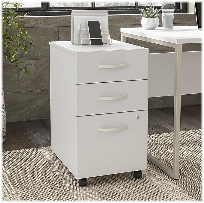 Bush Business Furniture Hybrid 3 Drawer Mobile File Cabinet in White - Assembled