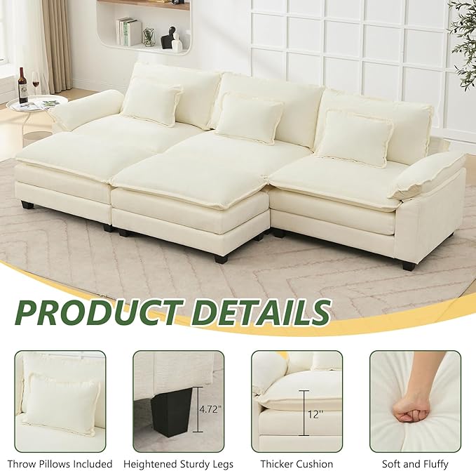 120 U Shaped Couch Modular Sectional Sofa Cloud Couch with Movable Ottoman Modern Chenille Deep Seat Sleeper Sofa with Throw Pillows for Living Room and Apartment (Beige 5-Seat)