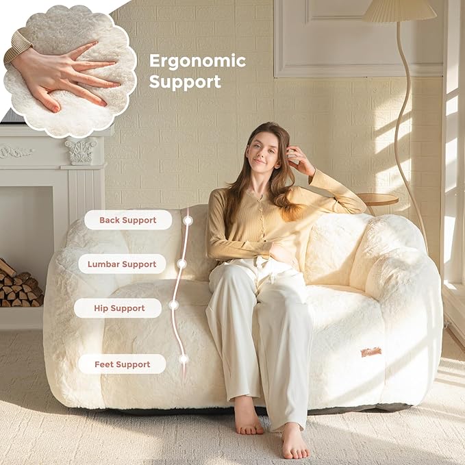 MAXYOYO Bean Bag Chair for Adults Loveseat Floral Shaped Bean Bag Sofa Ultra Soft Love Seat Mini Sofa Couch Faux Fur Reading Chair for Living Room Bedroom Beige