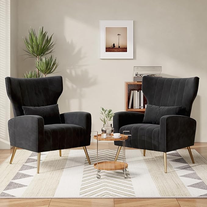 Black Velvet Accent Chair Set of 2 Wingback Chair for Living Room High Back Arm Chair with Golden Legs Lumbar Pillow Upholstered Single Sofa Bedroom