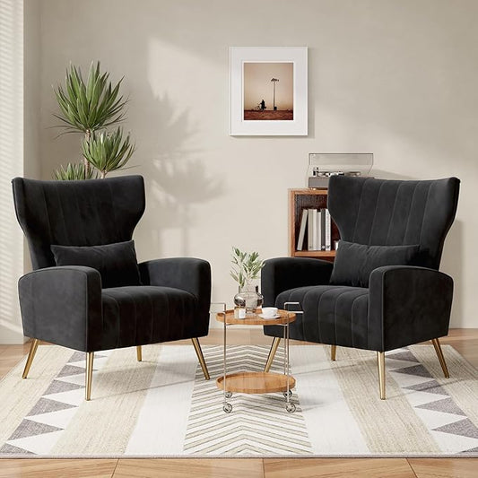 Black Velvet Accent Chair Set of 2 Wingback Chair for Living Room High Back Arm Chair with Golden Legs Lumbar Pillow Upholstered Single Sofa Bedroom