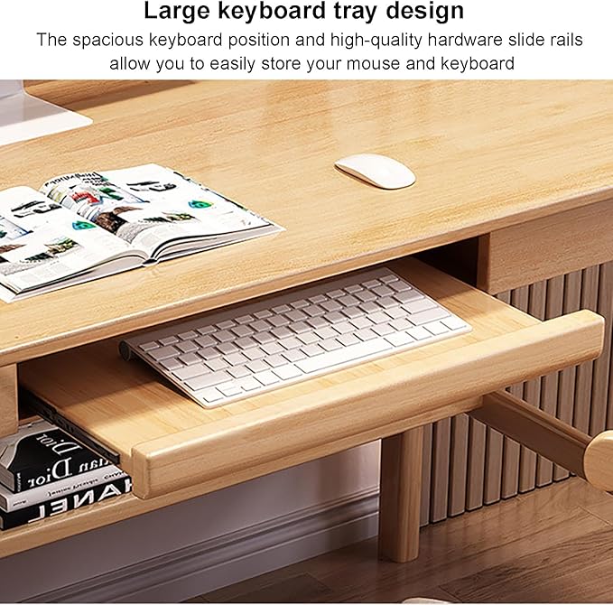 Solid Wood Office Desk with Keyboard Tray Writing Desk with Drawers and BookshelfModern Home Office Desk Study Writing PC Table Workstation for Small Spaces(90x60x75cm(35x24x30inch) Walnut)