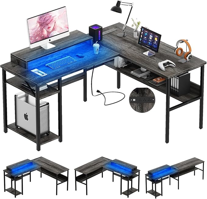 Unikito Reversible L Shaped Desk with Power Outlets and RGB LED Light Sturdy Computer Desk with Ergonomic Monitor Stand and Storage Shelves Corner Desk for Home Office Easy Assembly Black Oak
