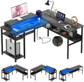 Unikito Reversible L Shaped Desk with Power Outlets and RGB LED Light Sturdy Computer Desk with Ergonomic Monitor Stand and Storage Shelves Corner Desk for Home Office Easy Assembly Black Oak