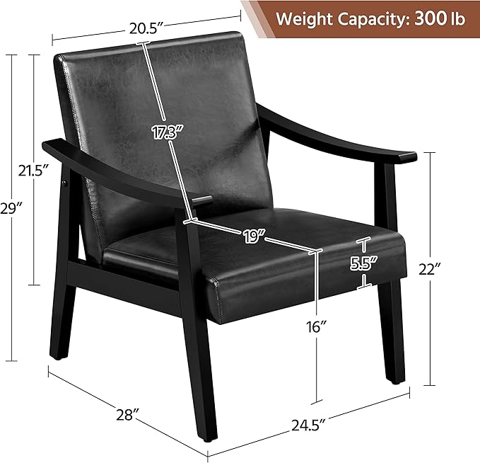 Yaheetech PU Leather Accent Chair Mid-Century Modern Armchair with Solid Wood Legs Reading Leisure Chair with High Back for Living Room Bedroom Waiting Room Black