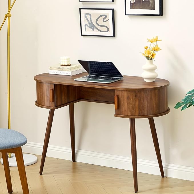 Mid-Century 43 Samll Writing Desk Home Office Computer Laptop Wood Desk with Storage Elegant Fluted Vanity Table Multifunctional Study Desk for Office Bedroom (Wlanut-43)