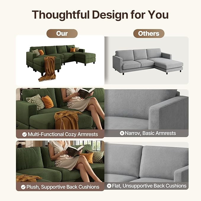 101 Inch Green Corduroy Sectional Sofa U Shaped Sectional Sofa with 2Ottomans 6 Seater Convertible Corduroy Sofa Comfortable Living Room Couch (Green 4 Seat with 2 Ottoman)