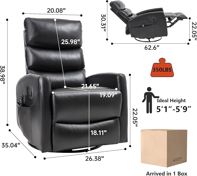 PELUMY 360° Swivel Rocker Recliner with Heat &amp Vibration Massage Glider Rocking Chair for Adults Compact Recliner for Living Room Small Spaces Nursery Bedroom (Breathable Leather Black)