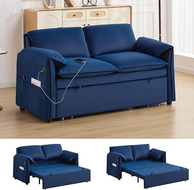 63 Velvet Pull Out Sofa Bed 3-in-1 Convertible Futon Loveseat Queen Sleeper Sofa Couch Bed with Adjustable Backrest USB Ports &amp Side Pockets Modern Sofas for Living Room Apartment Blue