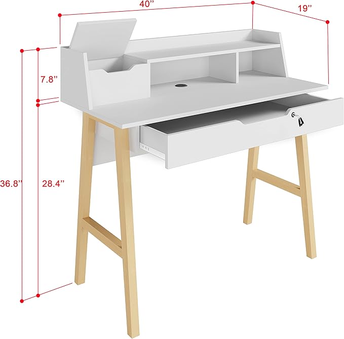 Modern Design Roma Small Desk for Bedroom 40 inch White Writing Desk with Hutch and Locking Drawer by Crafts and Comfort
