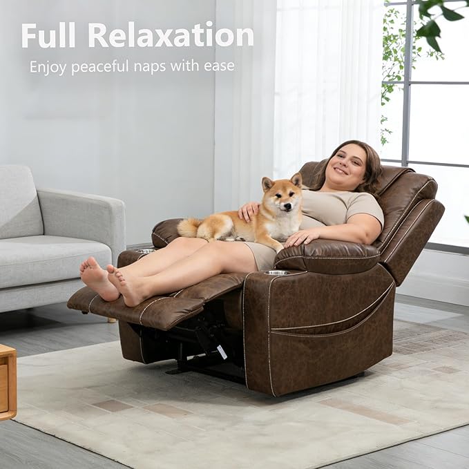 Oversized Power Lift Recliner Chair for Big and Tall 400 LBS Dual Motor Electric Recliner with Heat &amp Massage Zero Gravity Leather Sofa Chair for Living Room Home Theater Coffee Brown