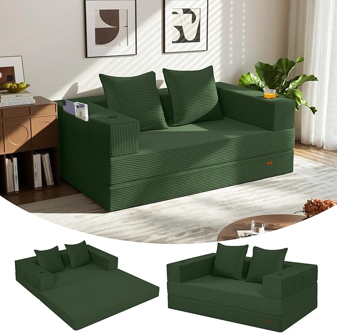 COMAX Futon Sofa Bed 4‑in‑1 Convertible Sofa Bed Folding Boneless Couches for Living Room Fold Out Small Foldable Loveseat Floor Sleeper Comfy Mattress Lounge Space‑Saving Green