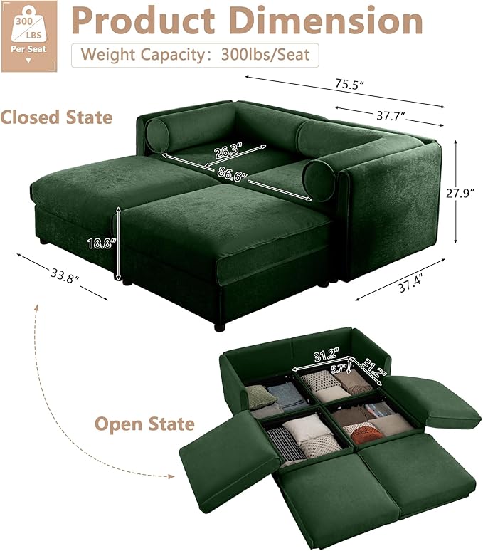 Oversized Modular Sectional Sofa 75.5 Chenille Loveseat with Cylindrical Backrest &amp Armrest Modern Comfy 2-Seat Sofa with 2 Ottoman Upholstered Deep Seat Couch for Living Room White