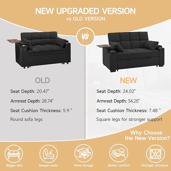 65'' Convertible Sleeper Sofa BedExtra Thick Cushion Polka dot Velvet Pull Out Futon Couch with Storage handrails &amp Rotating Side TablesConvertible Sofa Couch for Living RoomRV (07black)