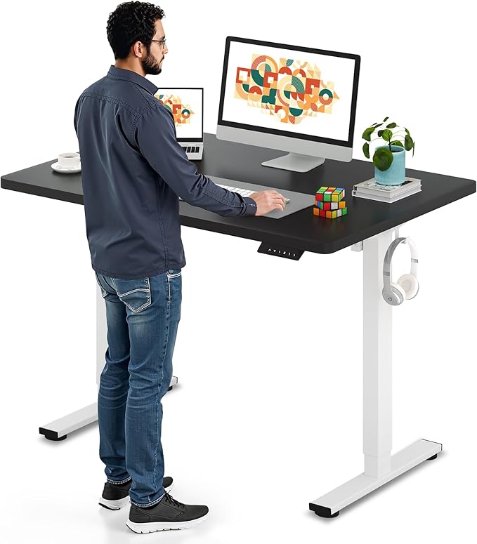 SANODESK Electric Standing Desk 48 x 30 Inches Whole-Piece Desktop Height Adjustable Stand Up Desk w/6-Button Controller Ergonomic Computer Desk for Home Office White Frame + Black Tabletop