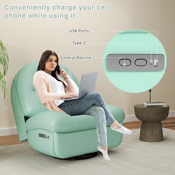 Kinfant Power Swivel Rocker Recliner Chair Swivel Rocking Sofa with Button Control Phone Holder &amp USB Ports for Living Room Bedroom (Green)