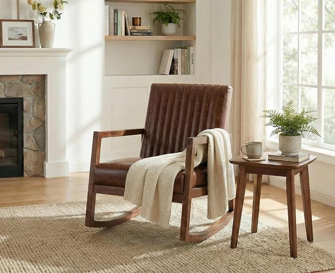 CIMOTA Leather Modern Rocking Chair Mid Century Armchair Upholstered Arm Chair with Padded Seat/Wood Frame Comfy Rocker for Living Room/Bedroom Retro Dark Brown PU