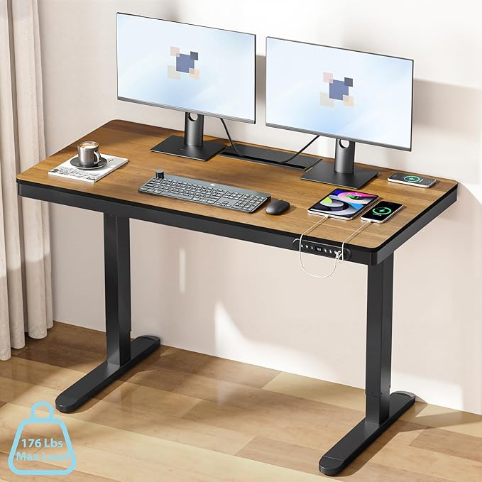 Electric Standing Desk with Drawer and Wireless Charging 48 Inch Sit Stand Desk with USB Charging Station Hidden Cable Management Tray Height Adjustable Computer Desk for Home Office Walnut
