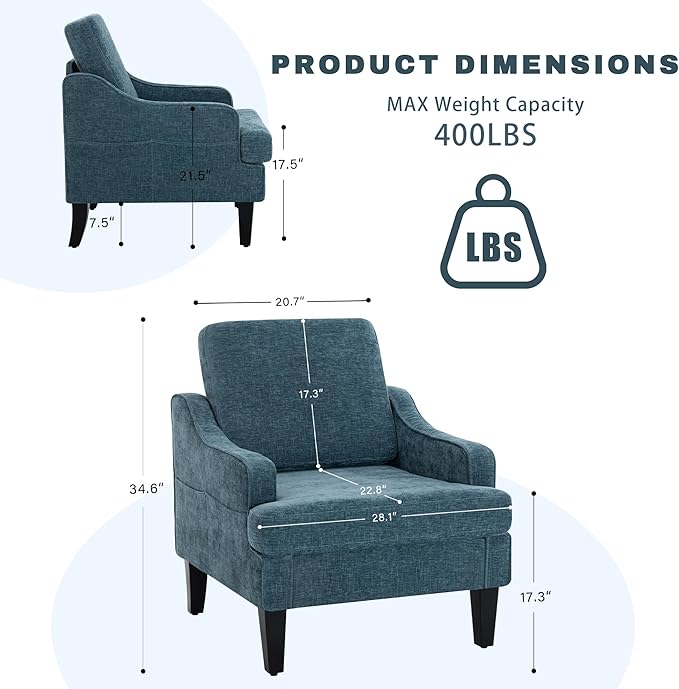 Accent Chair for Living RoomMid-Century Arm Chair Fabric Living Room ChairsUpholstered Reading Chair for BedroomSingle Sofa Chair with Wood Legs for Apartment (1 Chenille Blue)
