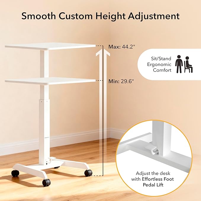 Mount-It! Adjustable Rolling Laptop Desk Mobile Standing Desk with Wheels Small Sit-Stand Computer Cart for Home Office or Classroom 29.6–44.2 Height 23.6x20.5 Desktop White