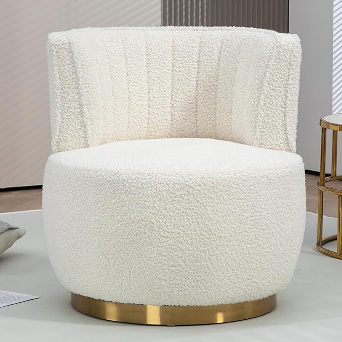 Swivel Barrel Chair White Teddy Modern Accent Chair Round Upholstered Comfy Side Chair Sherpa Chair with Gold Base for Nursery Living Room Bedroom Office Waiting Room Hotel White