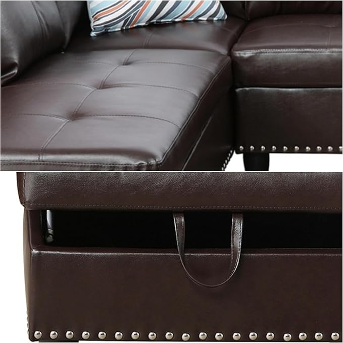 L Shaped Sectional Sofa with Ottoman Leather Modern Couches Nail-Head Design with Cup Holder for Living RoomOffice Bedroom Brown