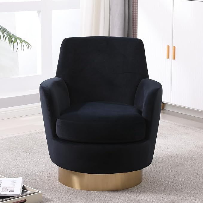 360° Swivel Barrel Accent Chair Comfy Round Accent Chairs with Gold Iron Base &amp Dual-Layer Cushion Modern Lounge Reading Armchair Upholstered Sofa Chair for Living Room Bedroom(Velvet Black)