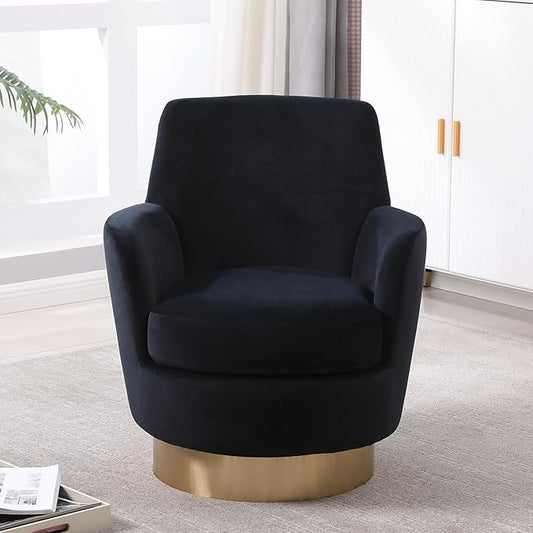 360° Swivel Barrel Accent Chair Comfy Round Accent Chairs with Gold Iron Base &amp Dual-Layer Cushion Modern Lounge Reading Armchair Upholstered Sofa Chair for Living Room Bedroom(Velvet Black)