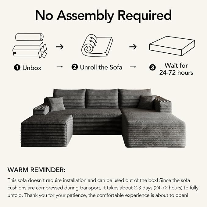 96 U-Shape Boneless Modular Sectional Cloud Couch with Chaise -Modern Comfy Corduroy couches for Living Room-Memory Foam SofaNo Assembly Required(Dark Grey96 Right Facing Chaise+Ottoman)