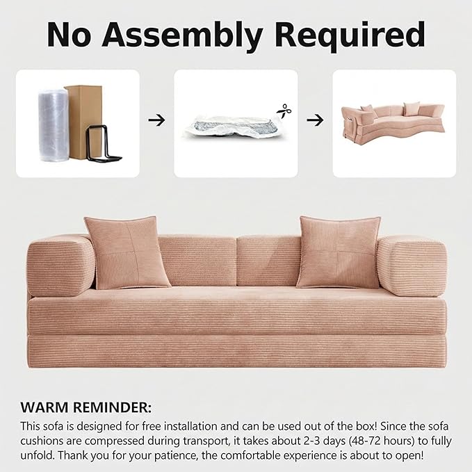 78.8’’ Boneless Sleeper Sofa BedConvertible Futon Couch with Storage Pocket and 2 PillowsModular Corduroy Sofa for livingroomSmall speacePink