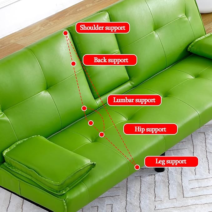 Convertible Folding Futon Sofa Bed Fabric Linen Upholstered Modern Couch Loveseat Sleeper Folding Daybed Guest Bed Removable Armrests 2 Cup Holders Metal Legs (Green)