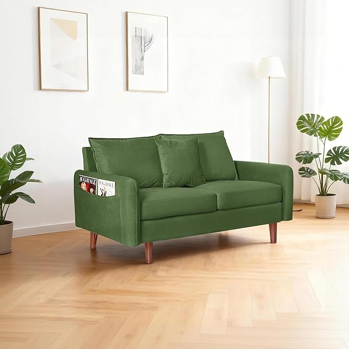 56.1 Round Arm Velvet Loveseat with Side Pockets and a Square Pillow (Army Green) | Side Storage Pockets Pillow Included