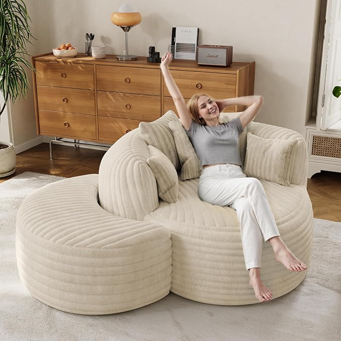 50 Oversized Chaise Lounge Indoor Round Reading Chair Lounge Chair with Ottoman Boneless Sofa Bed Large Fluffy Plush Corduroy Chaise Chair for Living Room Playroom Bedroom Beige White