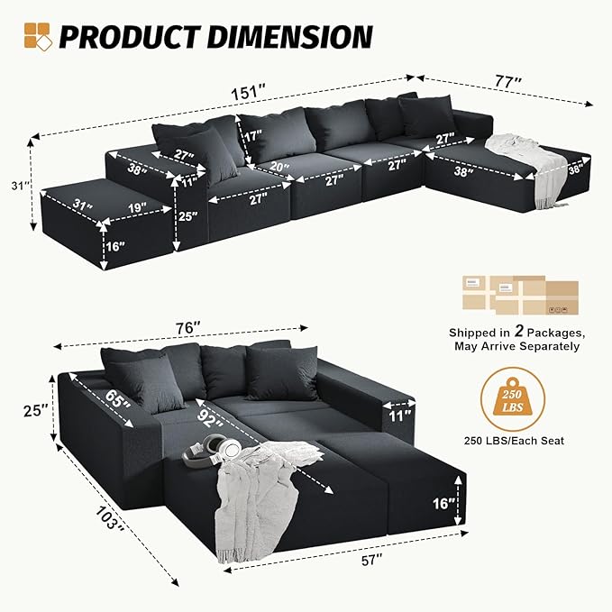 151 Oversized Modular Sectional Sofa Chenille Upholstery Boneless Couch with 6 Pillows 6-Seater Deep Seat Cloud Couch Free Combination Compression Couches for Living Room No Assembly Black