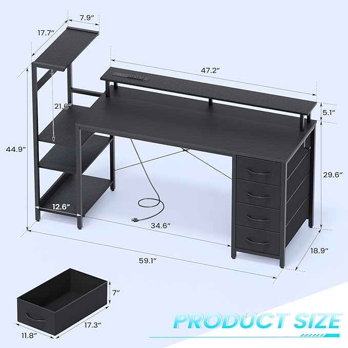 59 Inch Gaming Desk with Power Outlet and LED Lights Computer Desk with 4 Drawers &amp Storage Shelves Reversible Home Office Desk with Monitor Stand for Small Space Bedroom Carbon Fiber Black