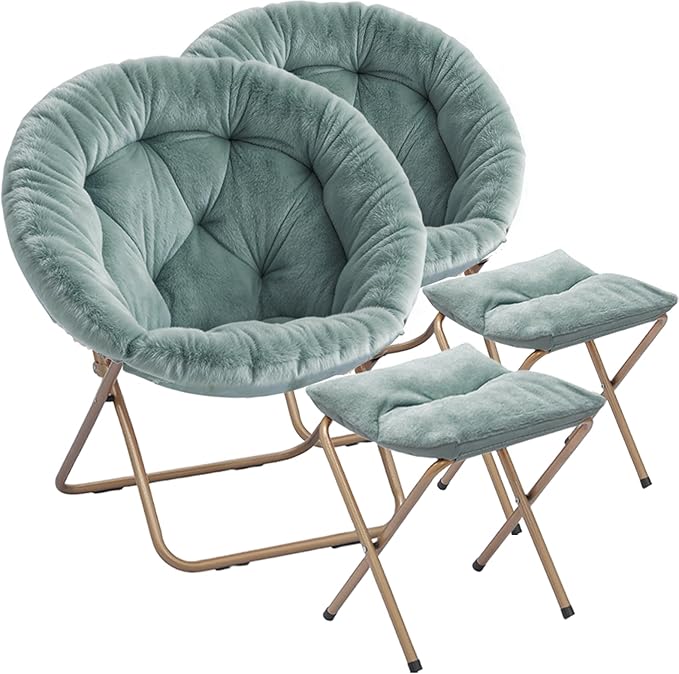 Magshion Folding Saucer Chair for Adults with Ottoman Circle Reading Chair for Bedroom Living Room &amp Dorm Furry Comfy Accent Seat with Metal Leg &amp Thick Padded for Small Spaces (Teal 2 Pac